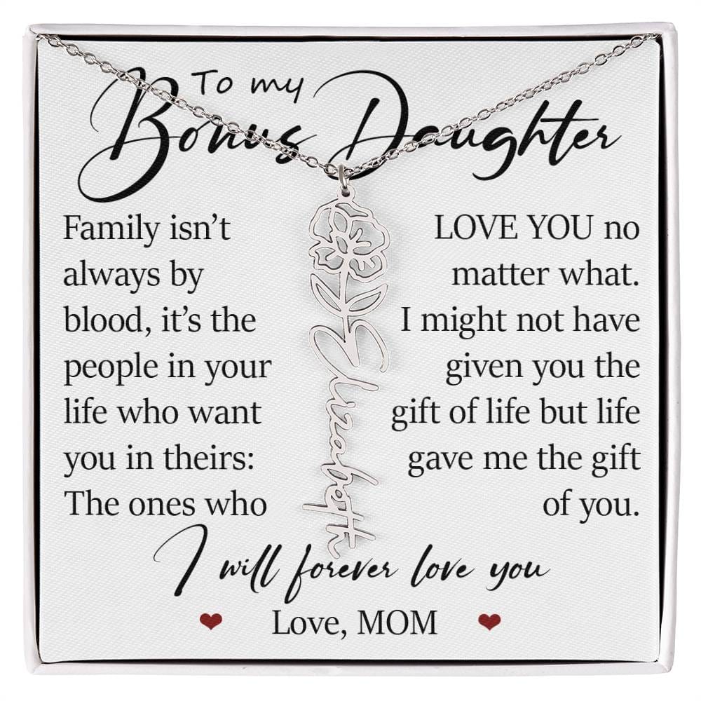 Bonus Daughter Gift, Custom Name Flower Birth Month Necklace