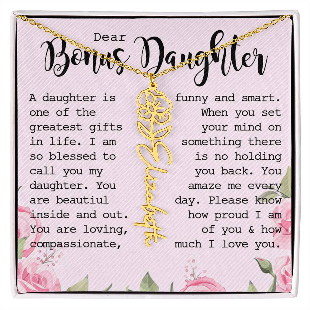 Bonus Daughter Gift, Custom Name Flower Necklace