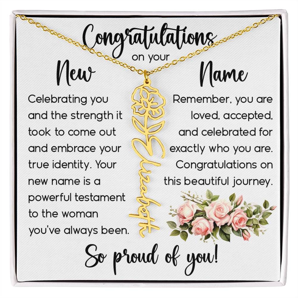Congratulations on Your New Name, Custom Name Flower Necklace, Floral Pendant Name Change Jewelry for Women