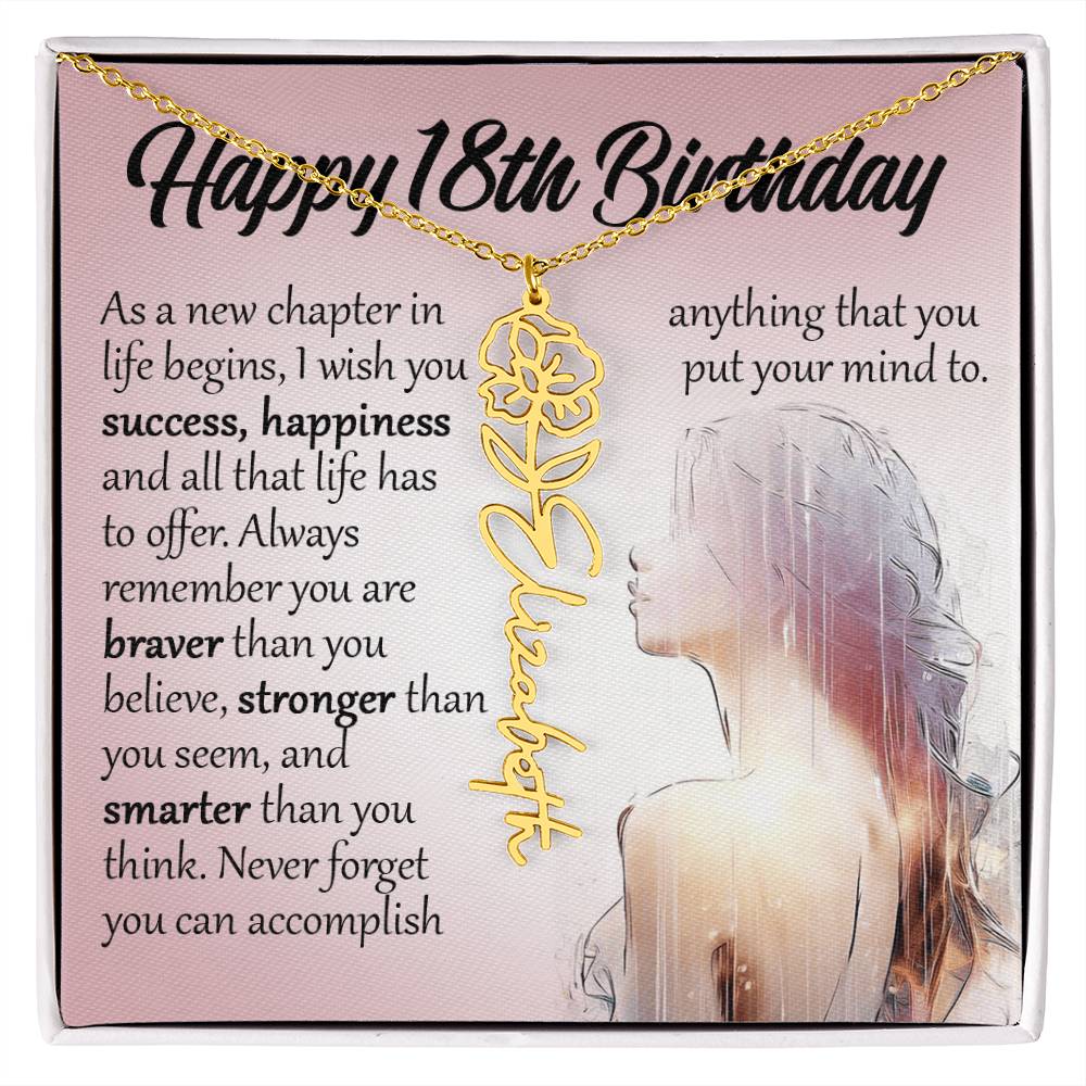 18th Birthday Gift, Custom Name Flower Birth Month Necklace