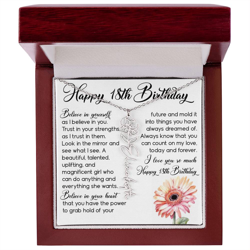 18th Birthday Gift, Custom Birth Month Name Flower Necklace