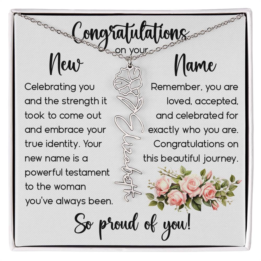 Congratulations on Your New Name, Custom Name Flower Necklace, Floral Pendant Name Change Jewelry for Women