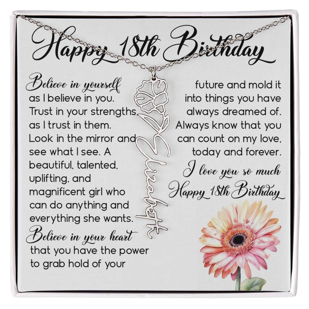 18th Birthday Gift, Custom Birth Month Name Flower Necklace