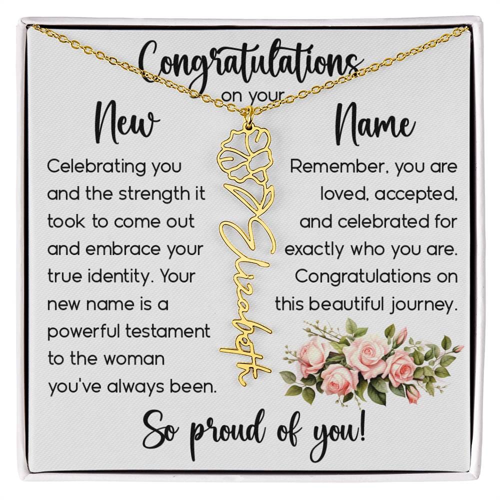Congratulations on Your New Name, Custom Name Flower Necklace, Floral Pendant Name Change Jewelry for Women