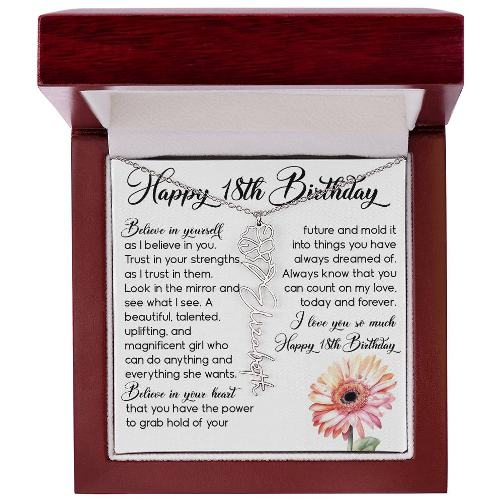 18th Birthday Gift, Custom Birth Month Name Flower Necklace