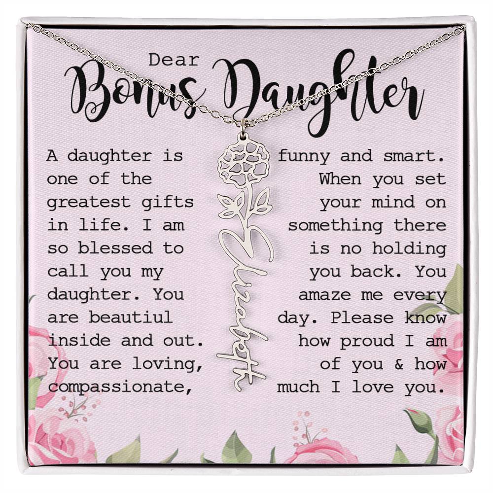 Bonus Daughter Gift, Custom Name Flower Necklace