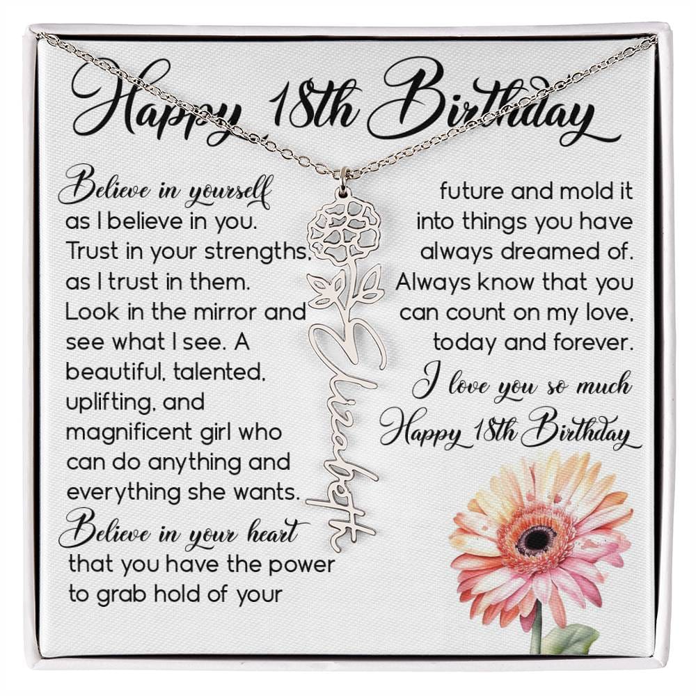 18th Birthday Gift, Custom Birth Month Name Flower Necklace
