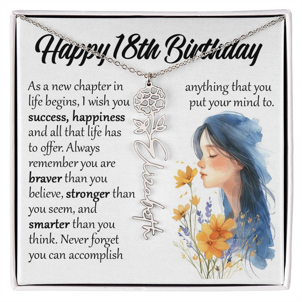 18th Birthday Gift, Name Flower Birth Month Necklace