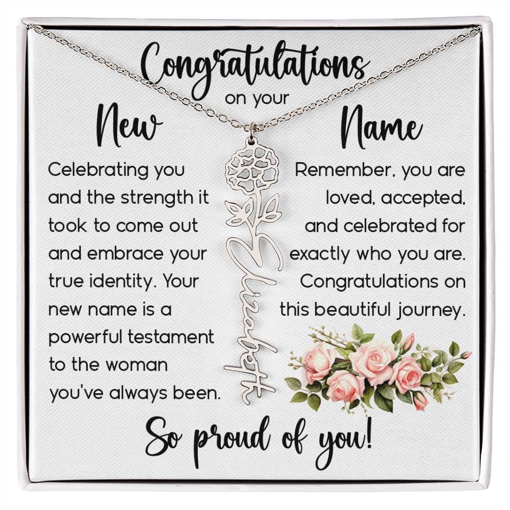 Congratulations on Your New Name, Custom Name Flower Necklace, Floral Pendant Name Change Jewelry for Women