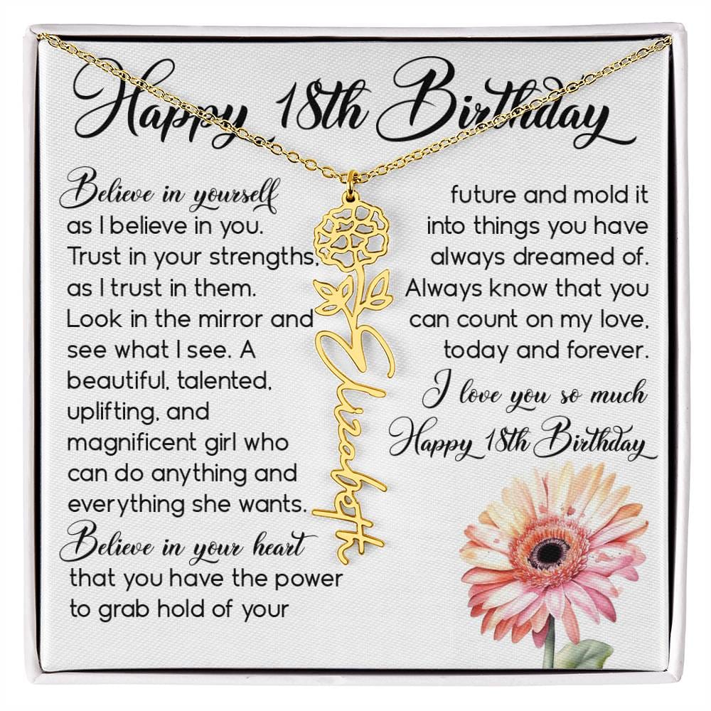 18th Birthday Gift, Custom Birth Month Name Flower Necklace