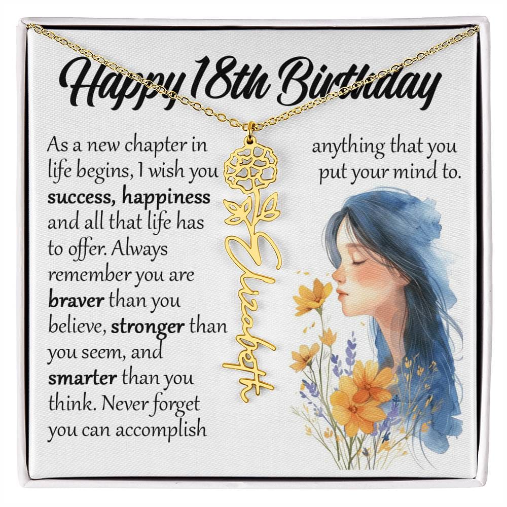 18th Birthday Gift, Name Flower Birth Month Necklace