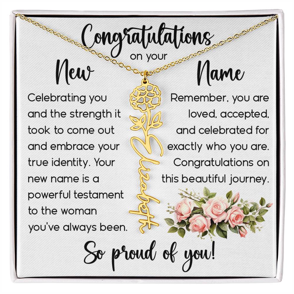Congratulations on Your New Name, Custom Name Flower Necklace, Floral Pendant Name Change Jewelry for Women