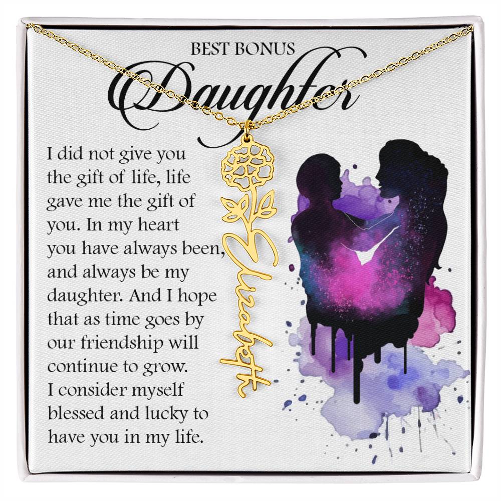 Bonus Daughter Gift, Custom Birth Month Name Flower Necklace