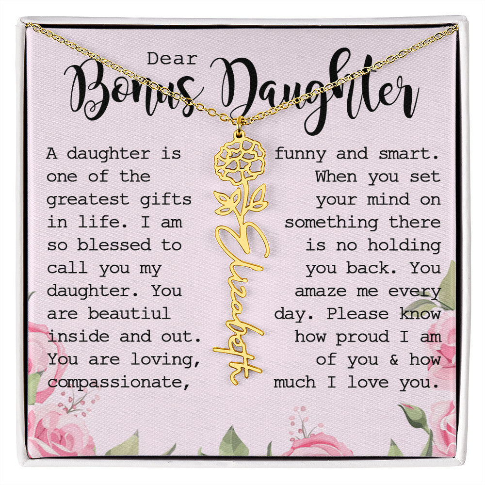 Bonus Daughter Gift, Custom Name Flower Necklace