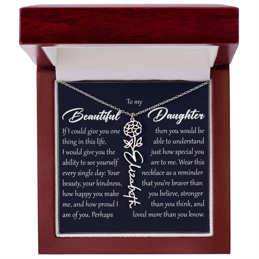 Custom Name Flower Necklace, Daughter Birth Month Pendant Gift