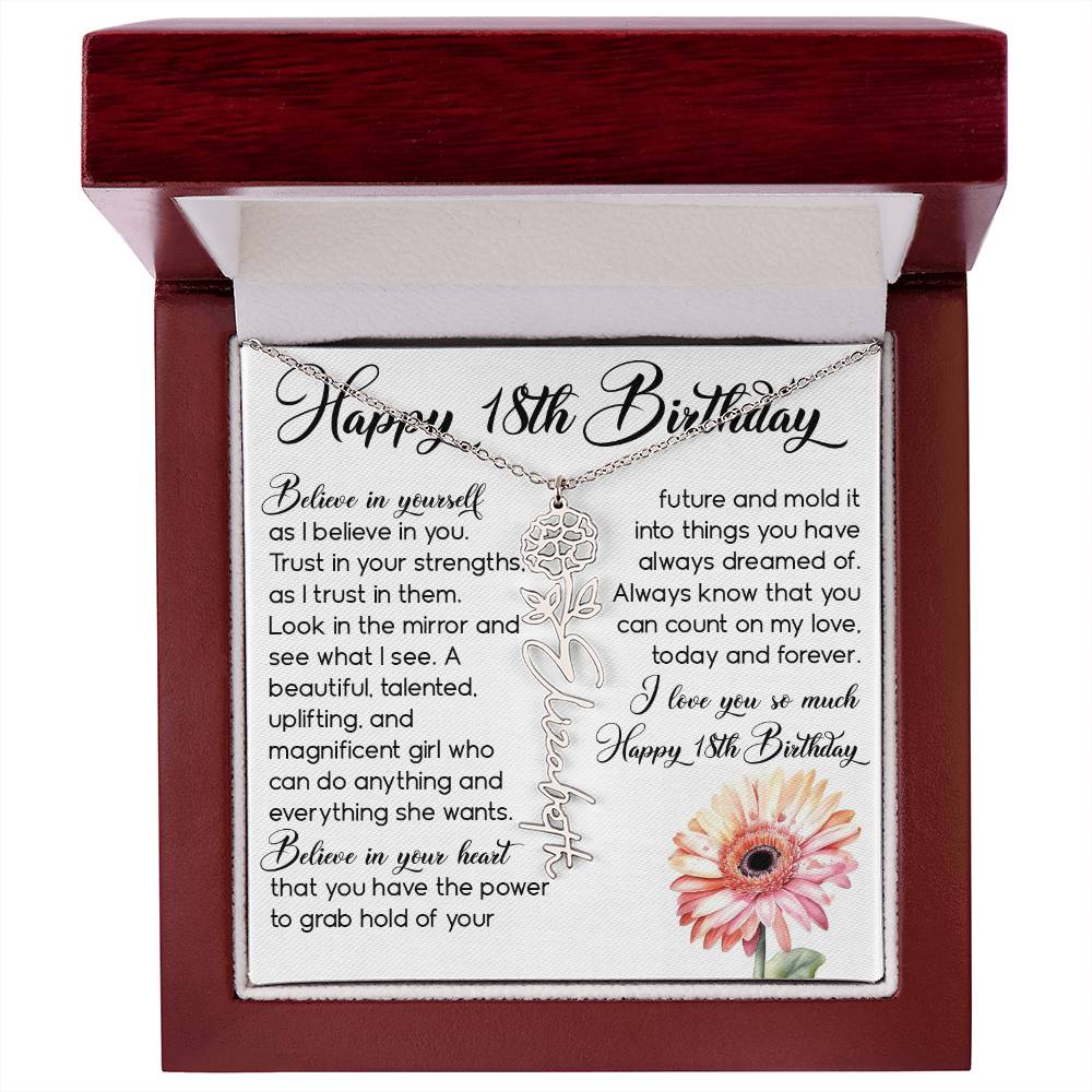 18th Birthday Gift, Custom Birth Month Name Flower Necklace