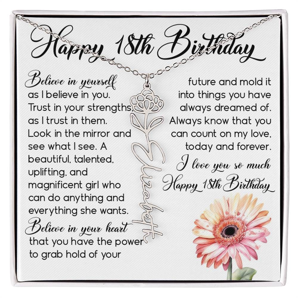 18th Birthday Gift, Custom Birth Month Name Flower Necklace