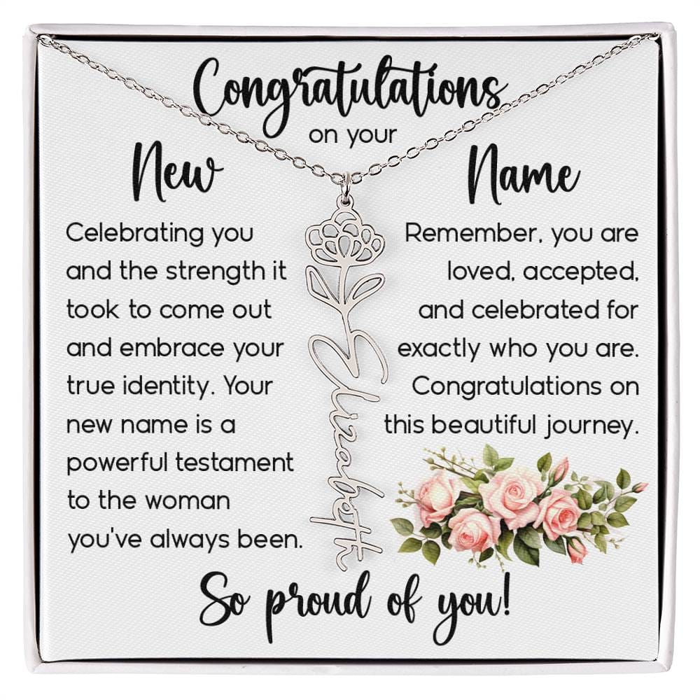 Congratulations on Your New Name, Custom Name Flower Necklace, Floral Pendant Name Change Jewelry for Women