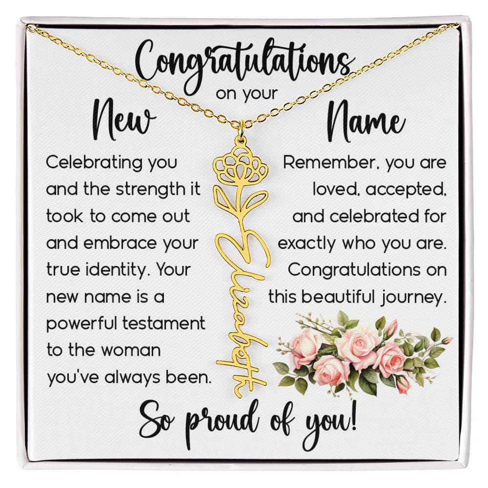 Congratulations on Your New Name, Custom Name Flower Necklace, Floral Pendant Name Change Jewelry for Women