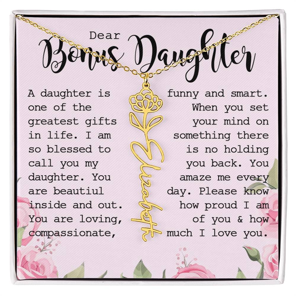 Bonus Daughter Gift, Custom Name Flower Necklace