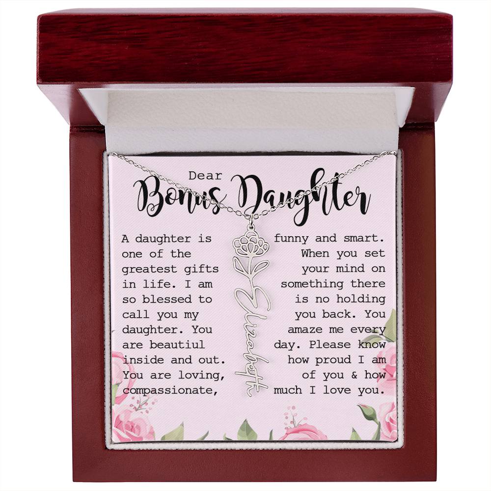 Bonus Daughter Gift, Custom Name Flower Necklace