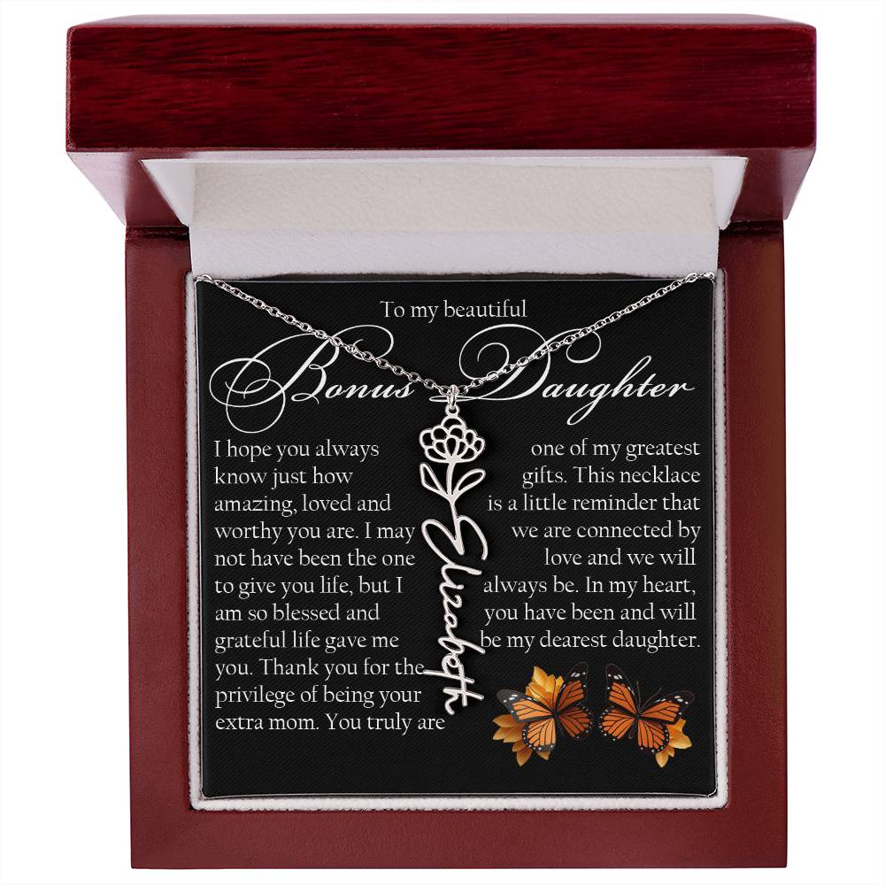 Bonus Daughter Gift, Name Flower Necklace