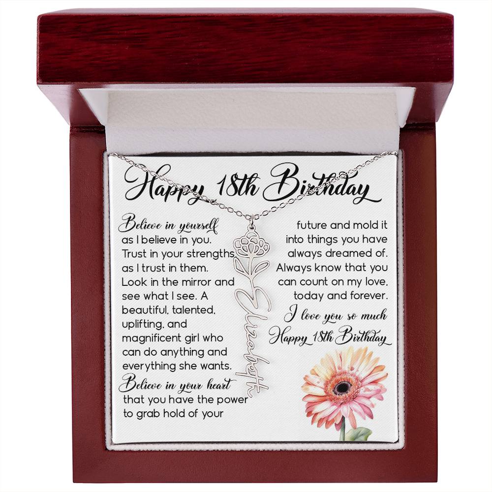 18th Birthday Gift, Custom Birth Month Name Flower Necklace
