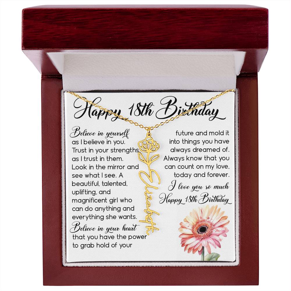 18th Birthday Gift, Custom Birth Month Name Flower Necklace