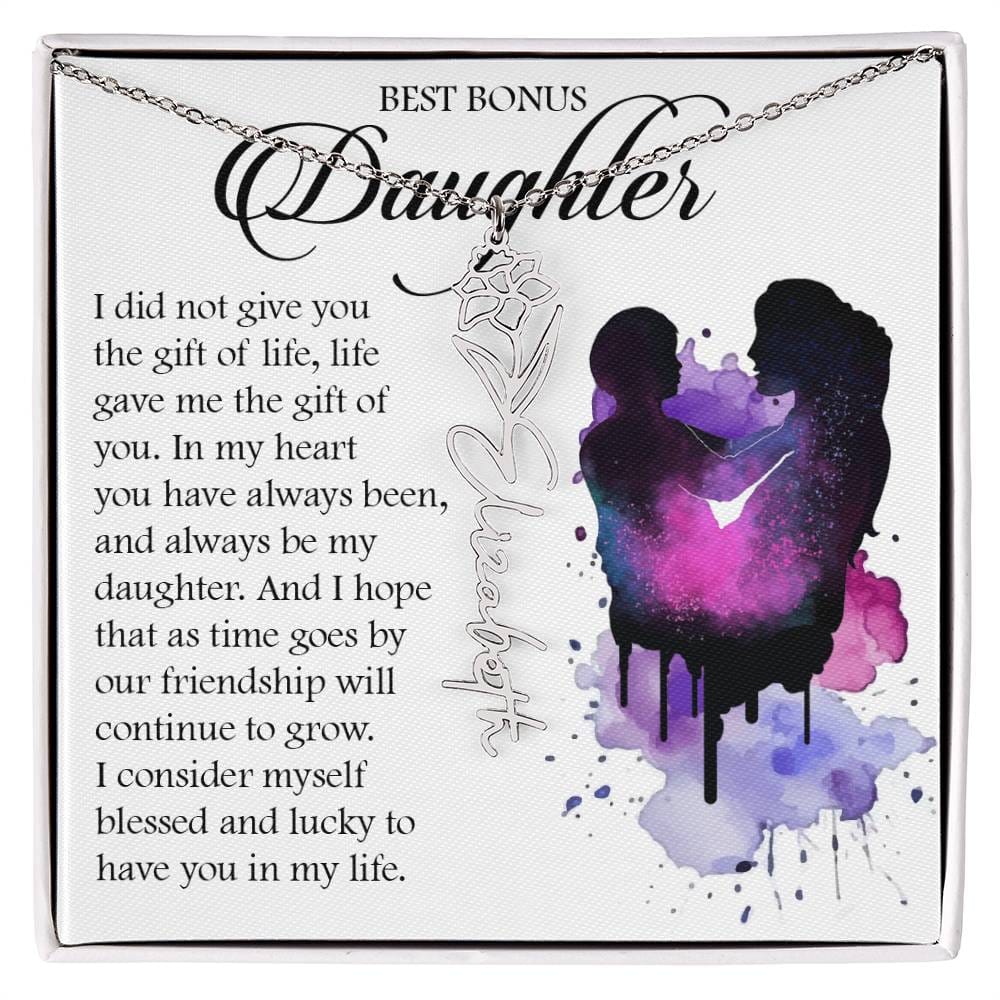 Bonus Daughter Gift, Custom Birth Month Name Flower Necklace