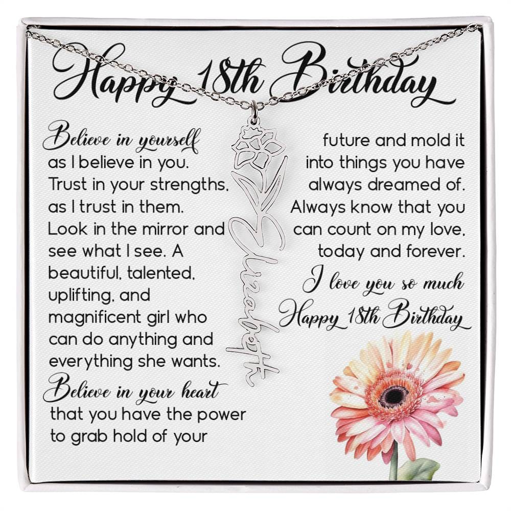 18th Birthday Gift, Custom Birth Month Name Flower Necklace