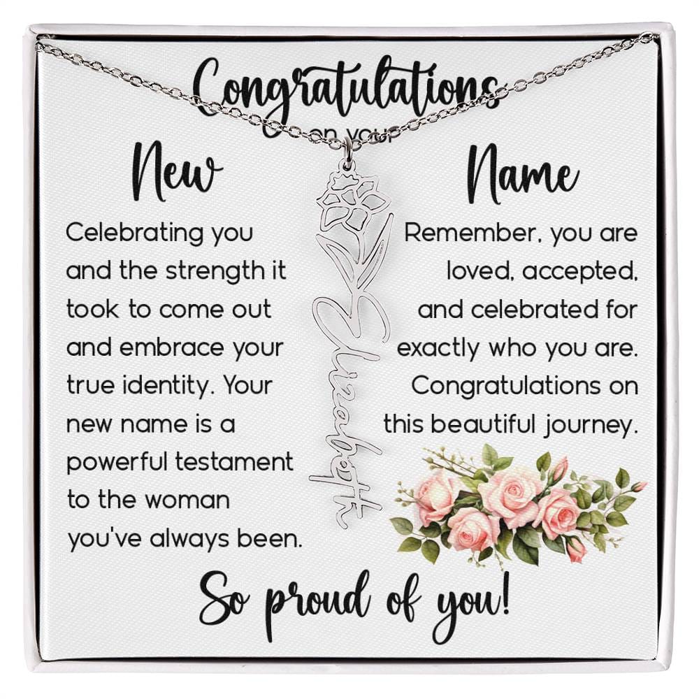 Congratulations on Your New Name, Custom Name Flower Necklace, Floral Pendant Name Change Jewelry for Women