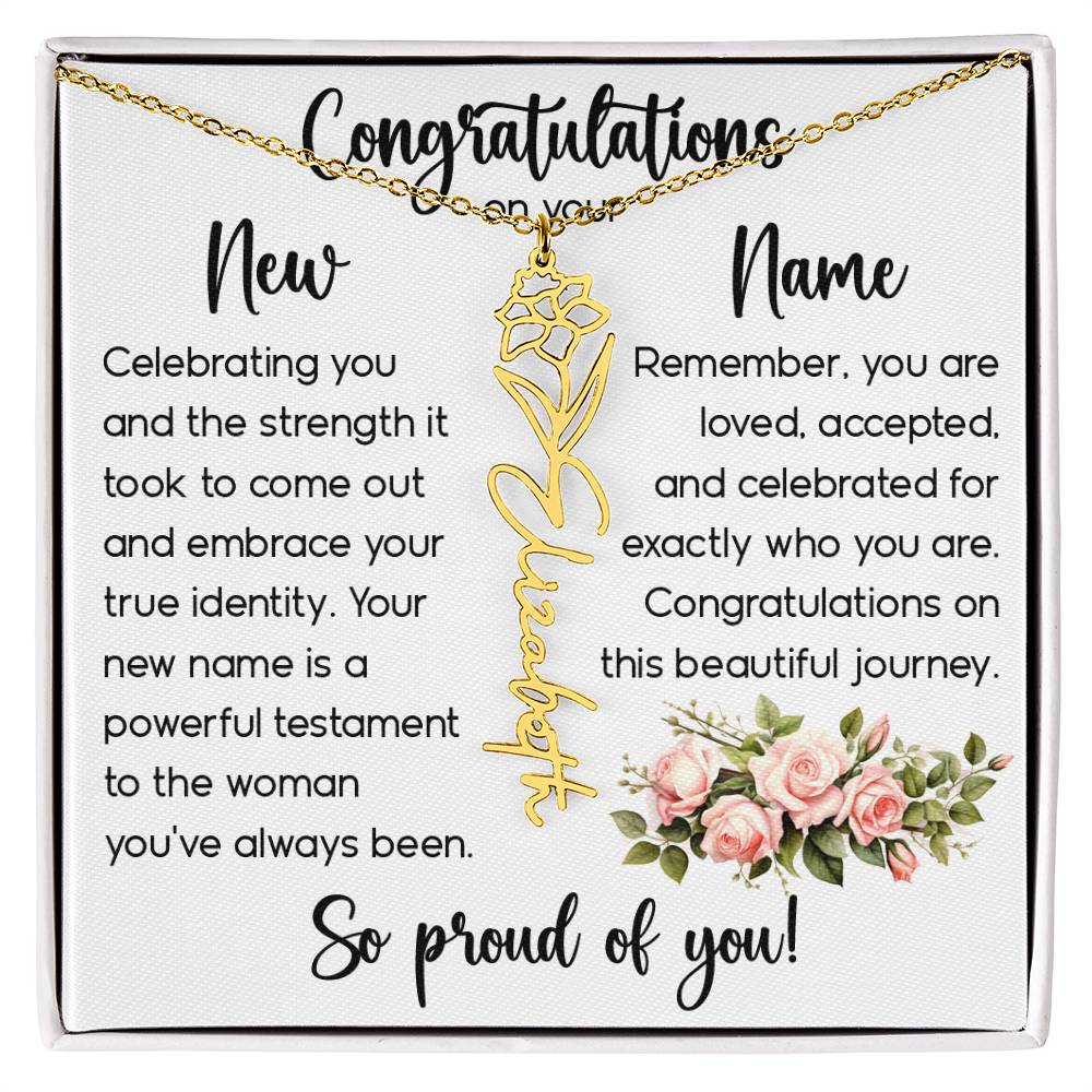 Congratulations on Your New Name, Custom Name Flower Necklace, Floral Pendant Name Change Jewelry for Women