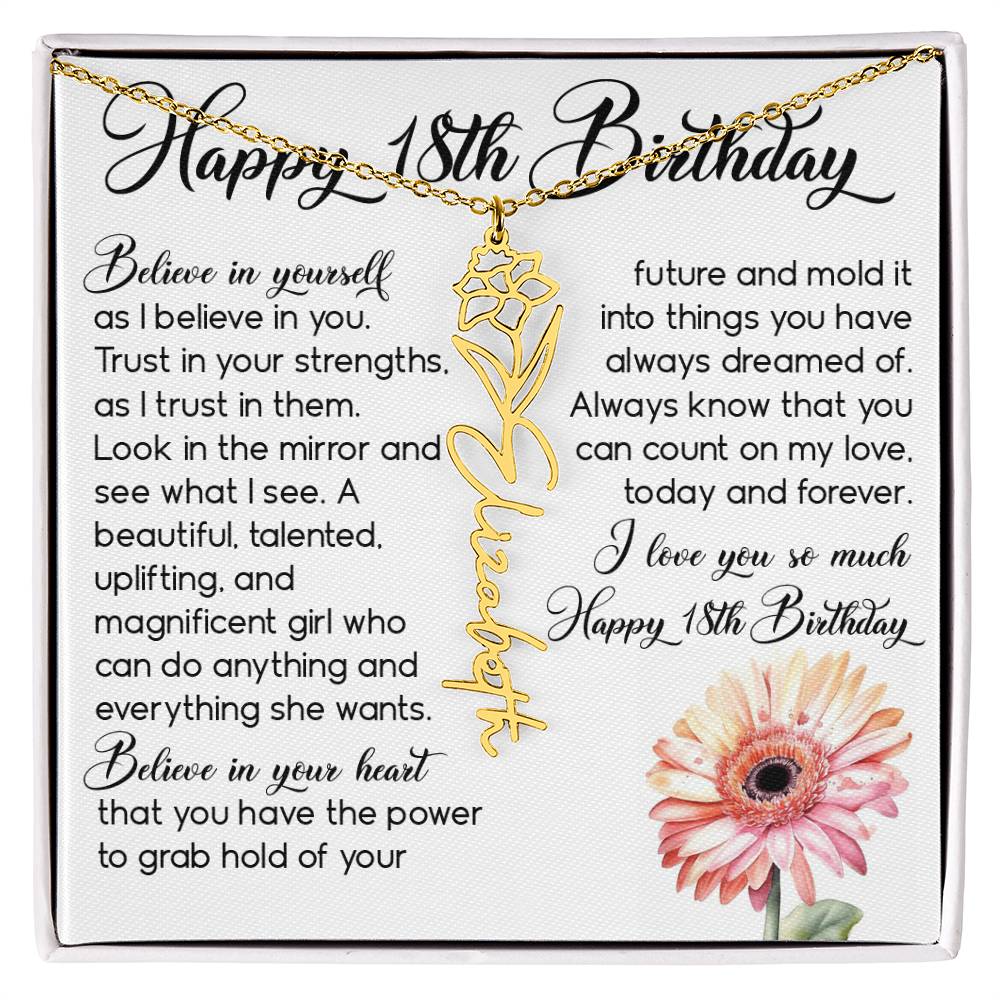 18th Birthday Gift, Custom Birth Month Name Flower Necklace
