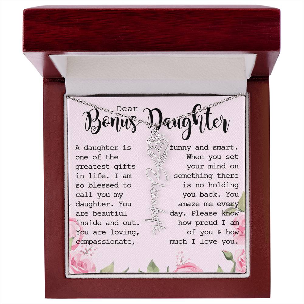 Bonus Daughter Gift, Custom Name Flower Necklace