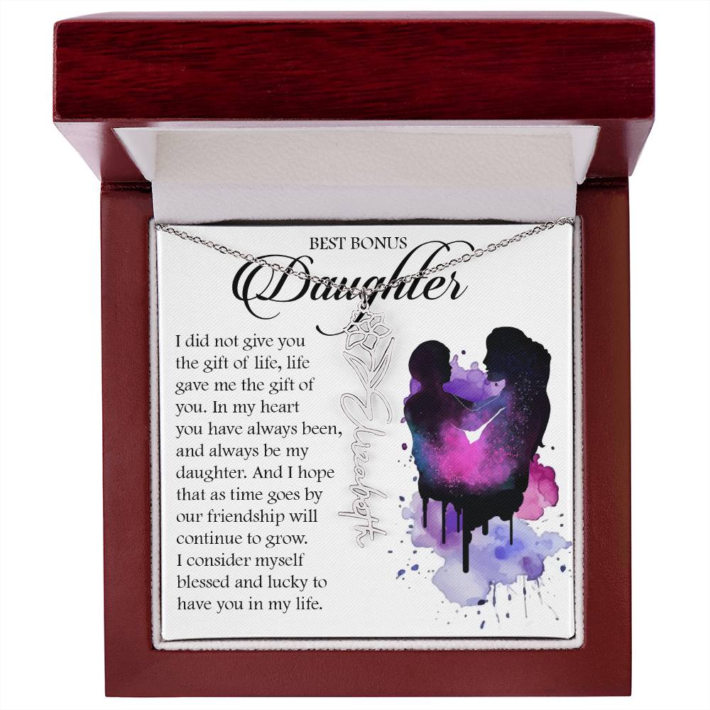 Bonus Daughter Gift, Custom Birth Month Name Flower Necklace