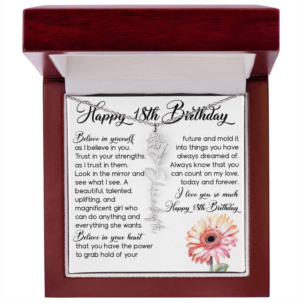 18th Birthday Gift, Custom Birth Month Name Flower Necklace