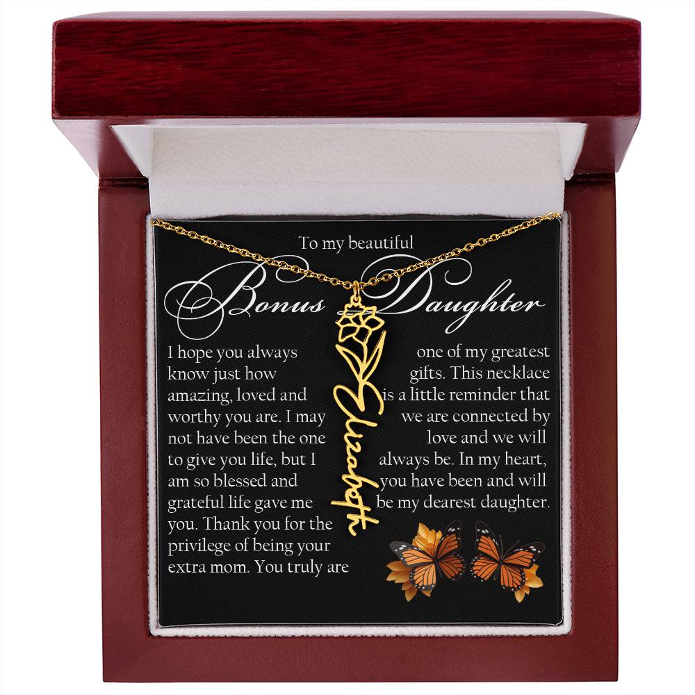 Bonus Daughter Gift, Name Flower Necklace
