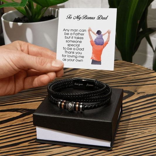 To My Bonus Dad, Vegan Leather Bracelet, Father's Day Gift, Birthday Christmas Gift Idea
