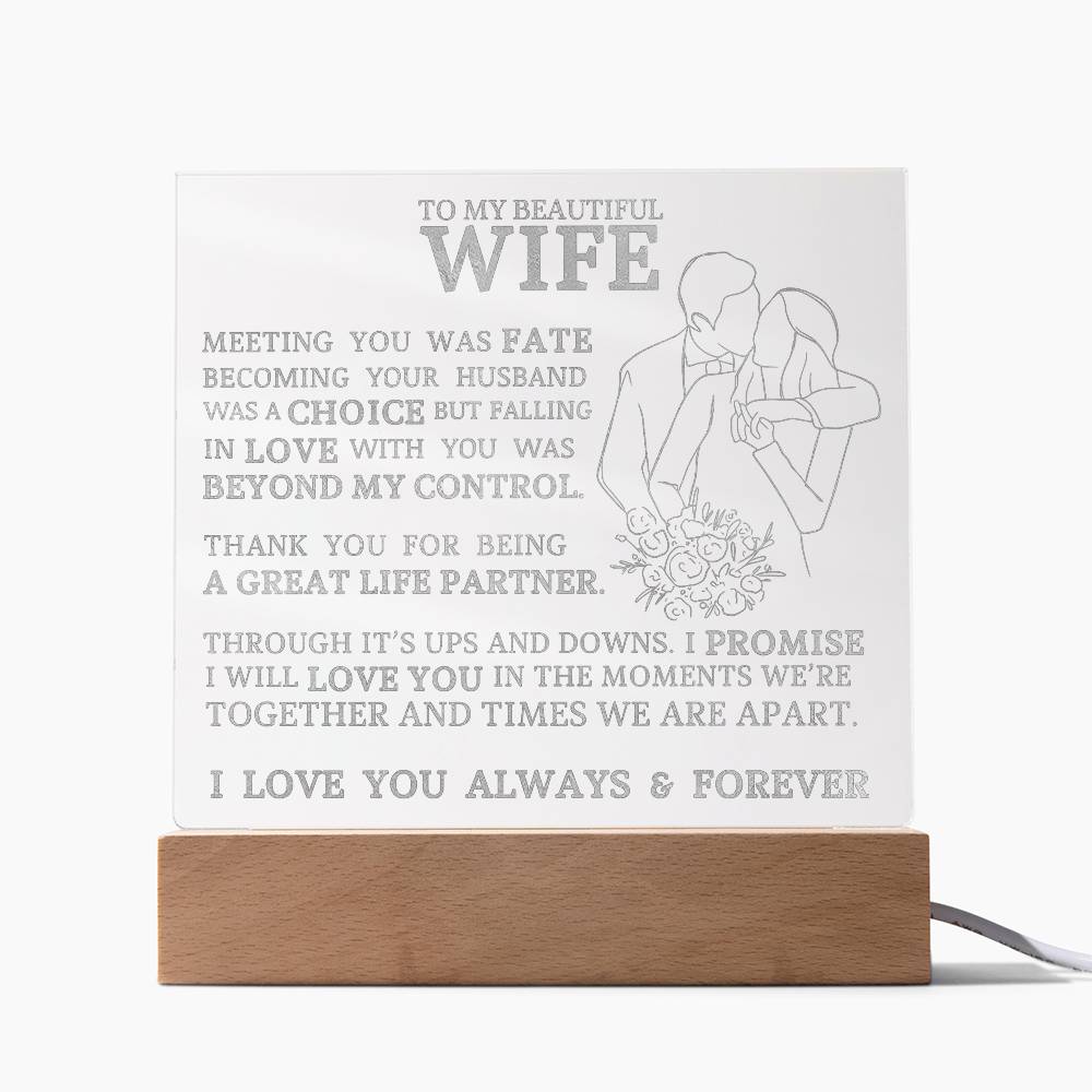 To My Beautiful Wife, Meeting You Was Fate, Engraved Acrylic Plaque