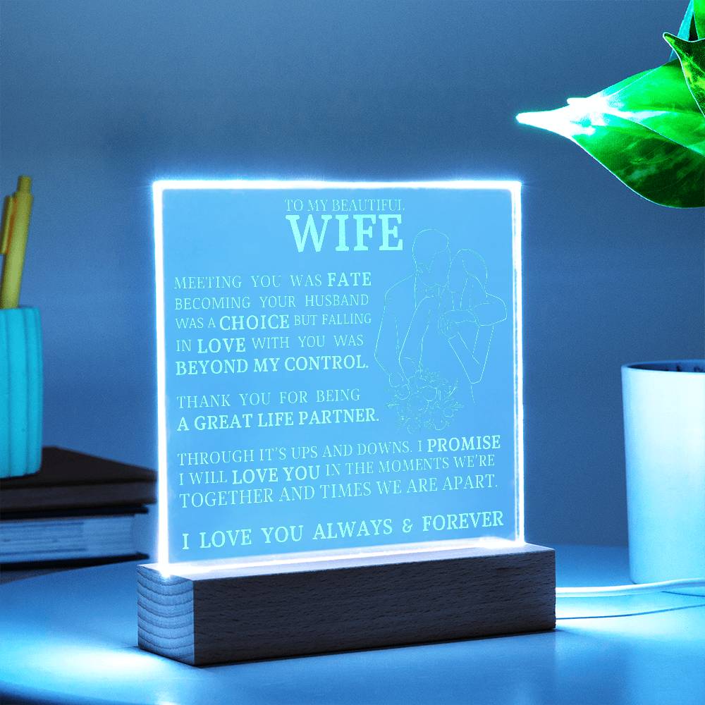 To My Beautiful Wife, Meeting You Was Fate, Engraved Acrylic Plaque