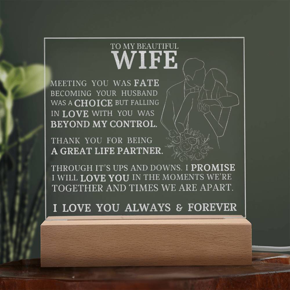 To My Beautiful Wife, Meeting You Was Fate, Engraved Acrylic Plaque