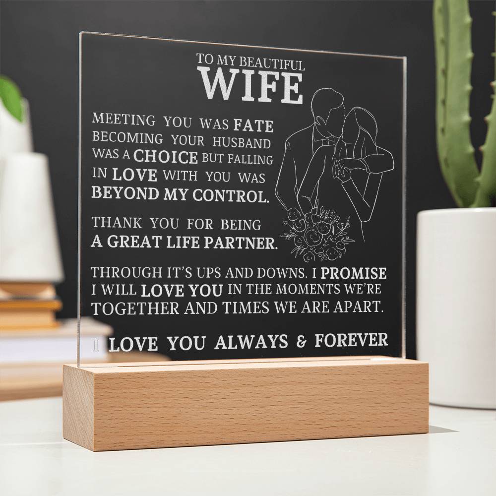 To My Beautiful Wife, Meeting You Was Fate, Engraved Acrylic Plaque