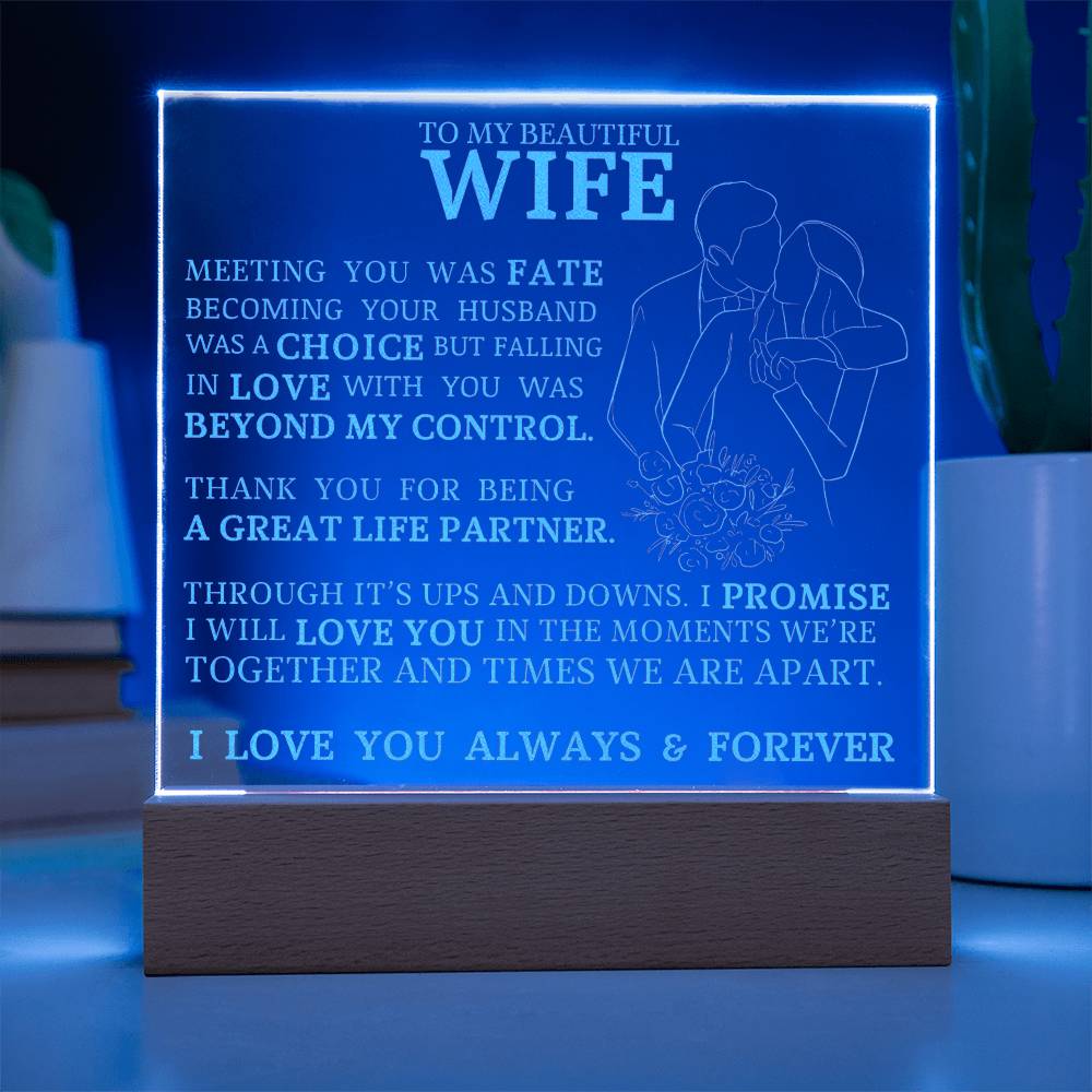 To My Beautiful Wife, Meeting You Was Fate, Engraved Acrylic Plaque