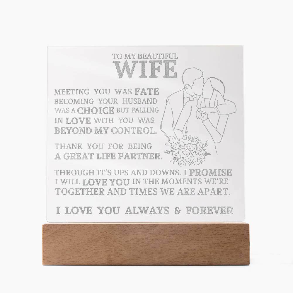 To My Beautiful Wife, Meeting You Was Fate, Engraved Acrylic Plaque