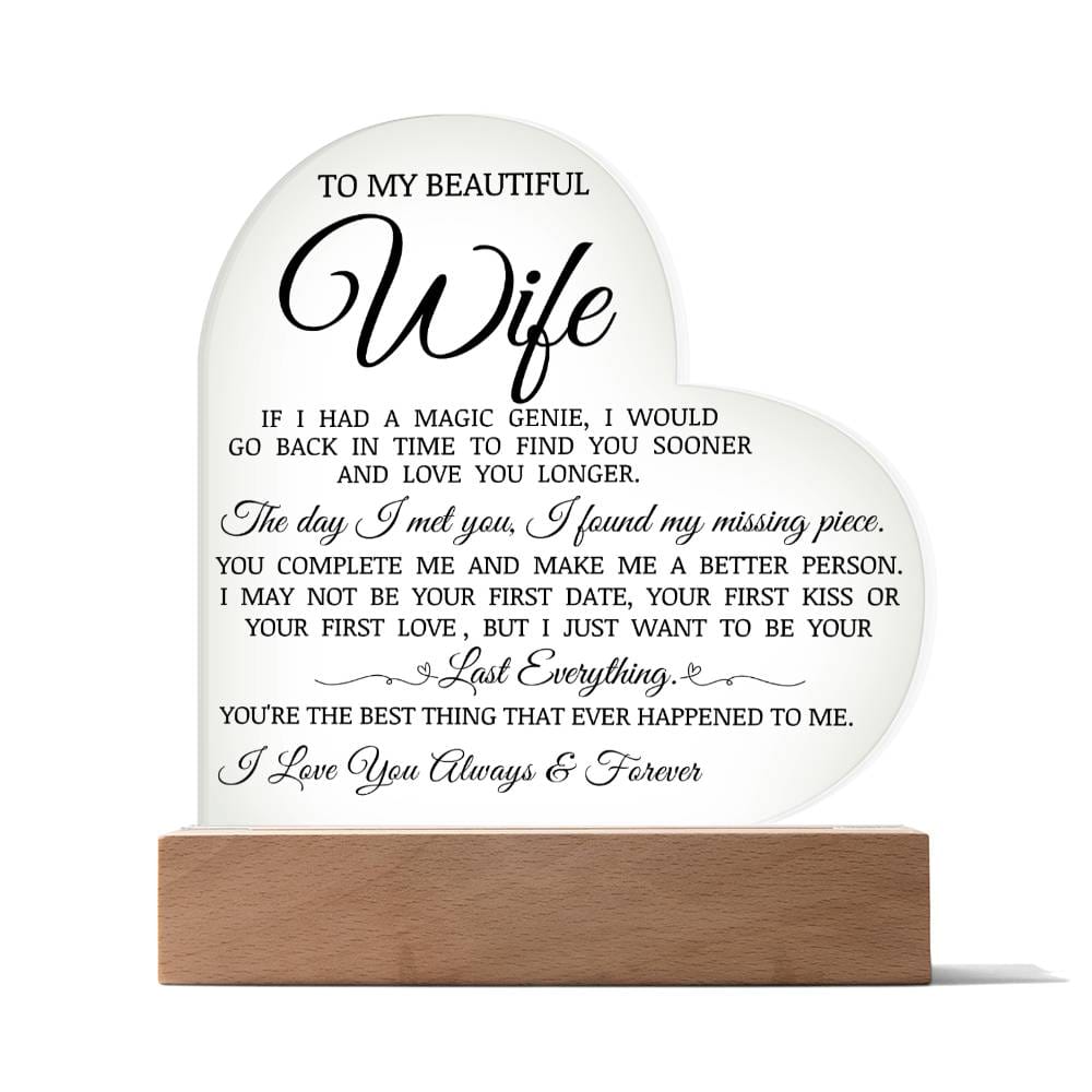 To My Beautiful Wife "You Are My Missing Piece" Acrylic Heart Plaque