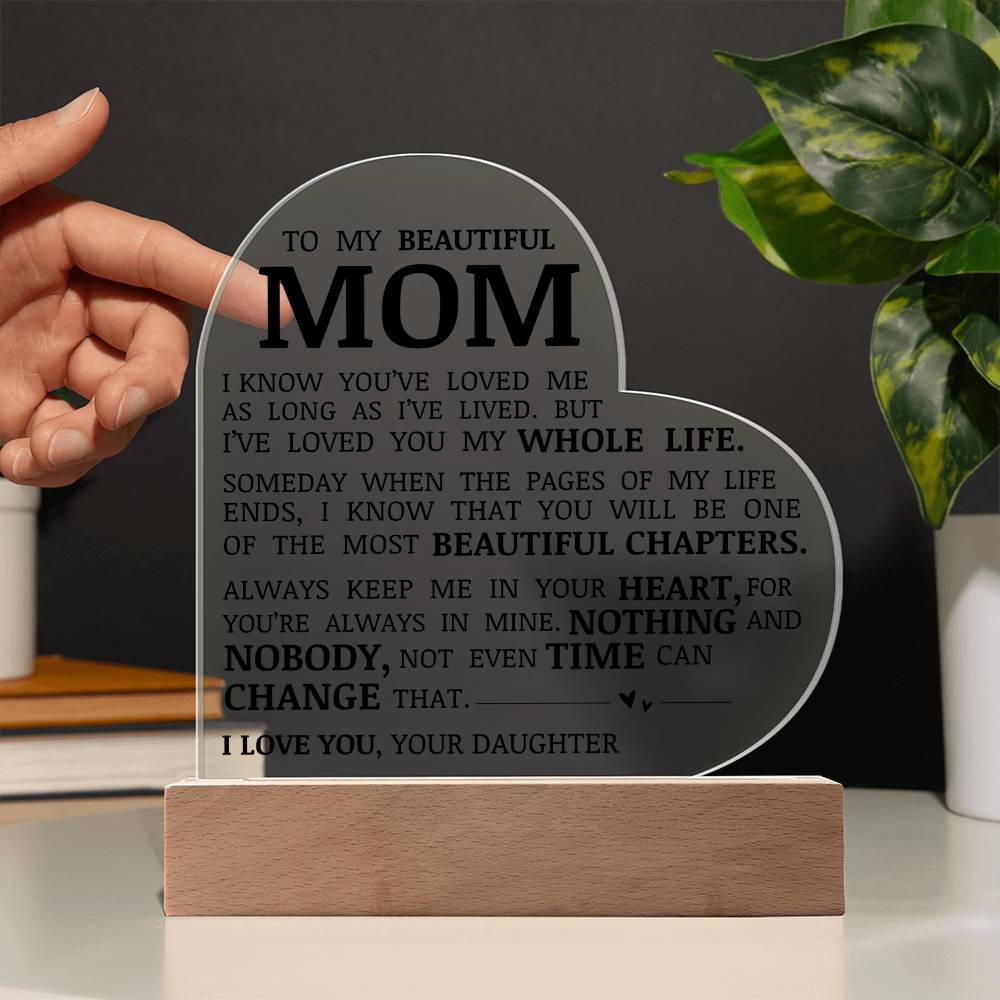 To My Beautiful Mom "I've Loved You My Whole Life" Acrylic Heart Plaque