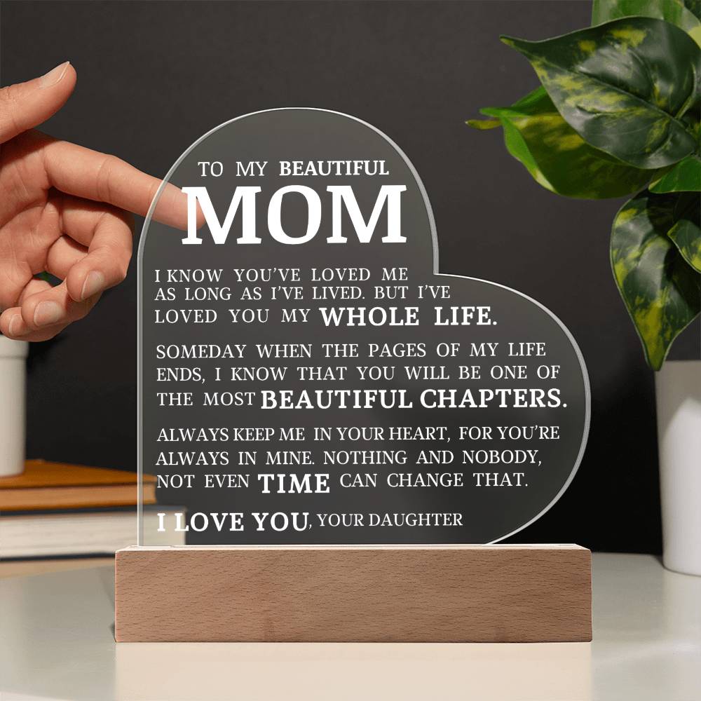 To My Beautiful Mom "I've Loved You My Whole Life" Acrylic Heart Plaque