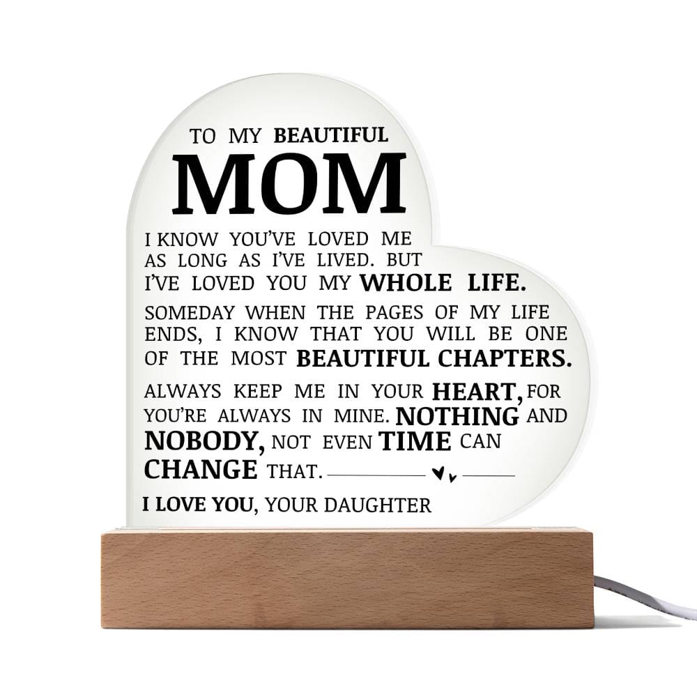 To My Beautiful Mom "I've Loved You My Whole Life" Acrylic Heart Plaque