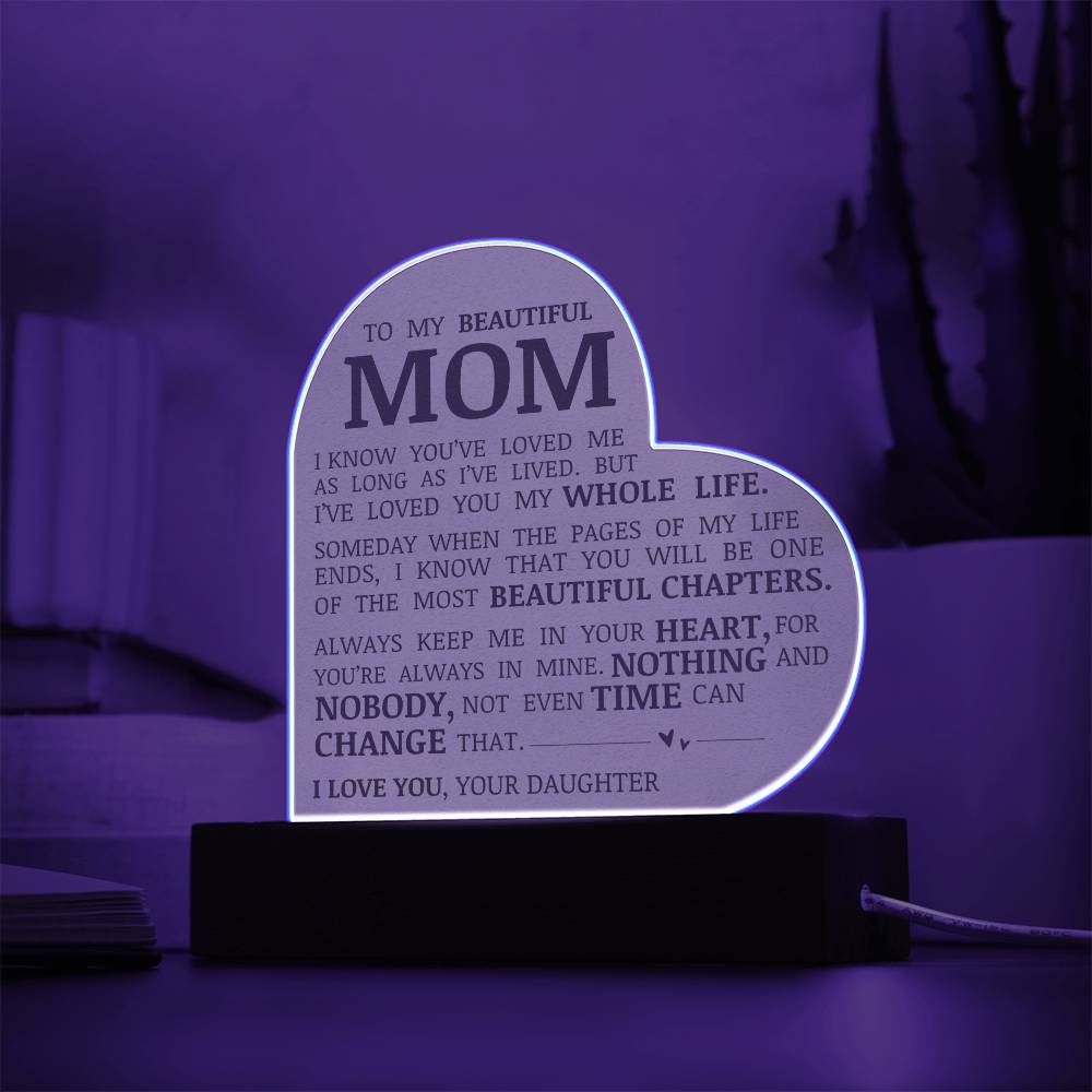 To My Beautiful Mom "I've Loved You My Whole Life" Acrylic Heart Plaque