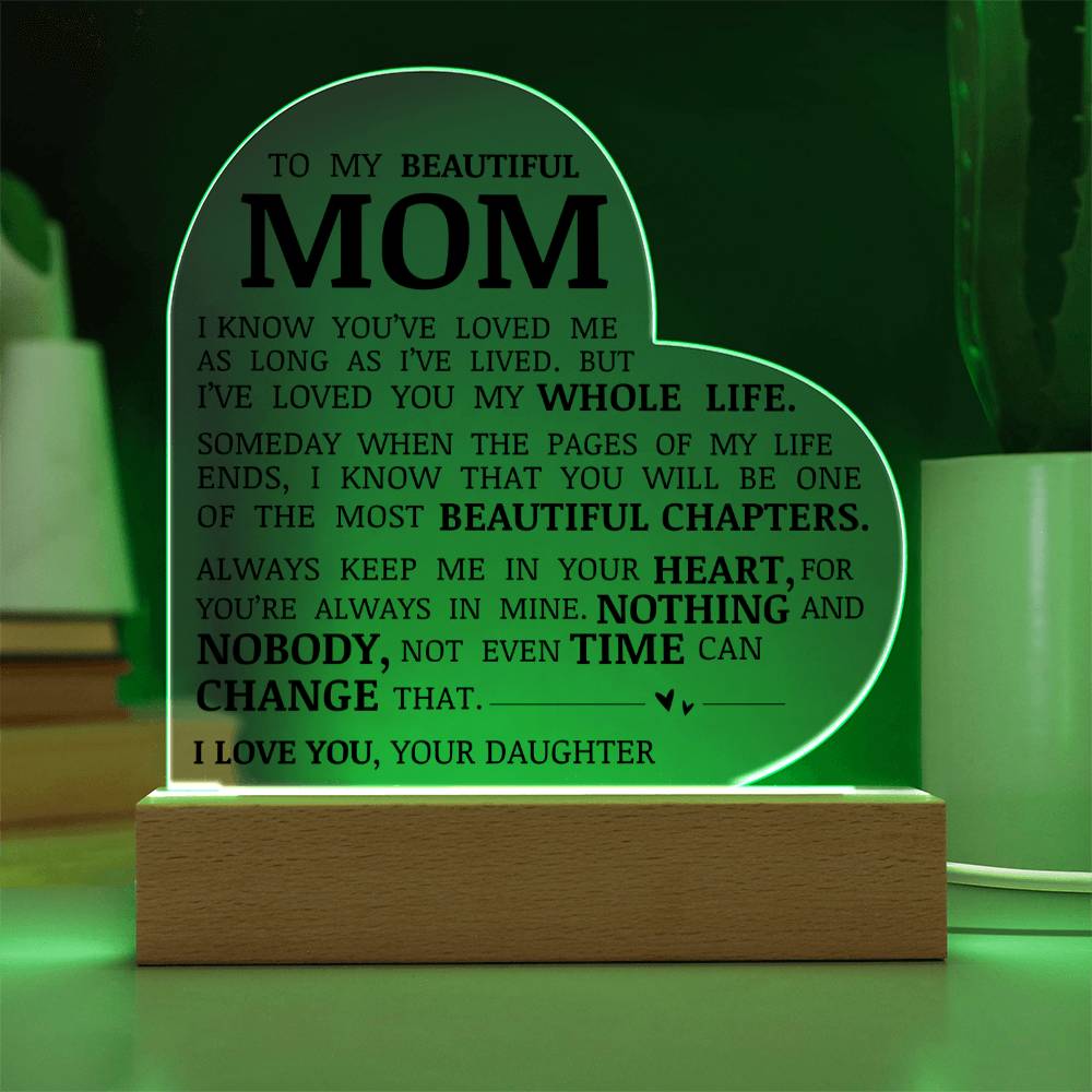 To My Beautiful Mom "I've Loved You My Whole Life" Acrylic Heart Plaque